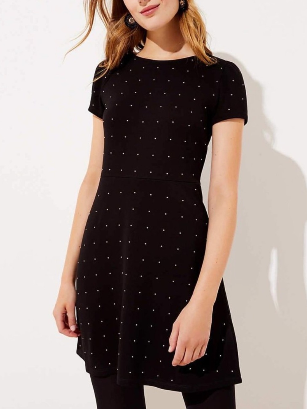 LOFT Gold Studded Short Sleeve Black Flare Dress--NWT--12